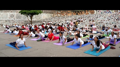 Yoga Day rehearsal underway at Rock Garden, Chandigarh. (HT Photo)