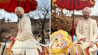 Karan Deol turned a desi groom as he sat on a white horse and reached the wedding venue with band baaja baaraat. All his family members including Sunny Deol, Bobby Deol, Dharmendra and Abhay Deol grooved on their way to the venue. Karan Deol turned a desi groom as he sat on a white horse and reached the wedding venue with band baaja baaraat. All his family members including Sunny Deol, Bobby Deol, Dharmendra and Abhay Deol grooved on their way to the venue. 