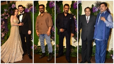 Aamir Khan, Salman Khan, Shatrughan Sinha and Dharmendra at Karan Deol and Drisha Acharya's wedding reception. (Varinder Chawla)