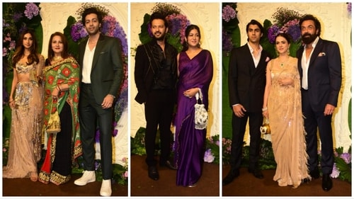 Poonam Dhillon with kids, Vatsal Sheth and Ishita Dutta, Bobby Deol with wife and son at Karan Deol's reception.