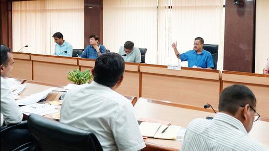 Chief minister Arvind Kejriwal chairs a review meeting with the members of Delhi Jal Board, in New Delhi on Monday. (HT Photo)