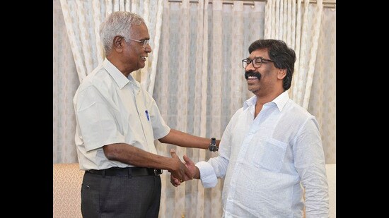Jharkhand chief minister Hemant Soren meets CPI general secretary D. Raja, in Ranchi, on Sunday. (PTI)