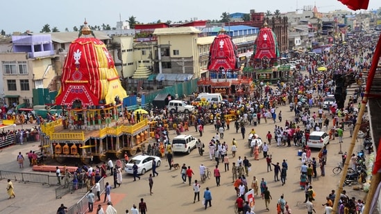 Chariots of Lord Jagannath, Lord Balabhadra and Devi Subhadra ahead of the Rath Yatra festival, in Puri, Monday, June 19, 2023. (PTI Photo)