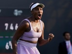 Venus Williams of the US celebrates defeating Italy's Camila Giorgi on day one of the Birmingham Classic tournament at Edgbaston Priory Club