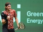 Stefanos Tsitsipas reacts during his first round tennis match against Gregoire Barrere at the Halle ATP Tour