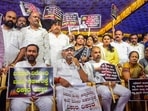 Karnataka DCM DK Shivakumar with party leaders during a protest against the BJP-led central government for allegedly denying rice for the state government's Anna Bhagya scheme in Bengaluru on Tuesday. Karnataka DCM DK Shivakumar with party leaders during a protest against the BJP-led central government for allegedly denying rice for the state government's Anna Bhagya scheme in Bengaluru on Tuesday.