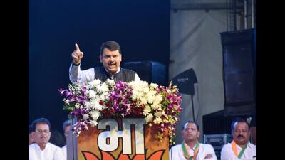Deputy Chief Minister Devendra Fadnavis at Kalyan’s Phadke Ground while addressing a public meeting to mark nine years of Modi government on Monday, June 19, 2023 (Pramod Tambe/HT PHOTO)