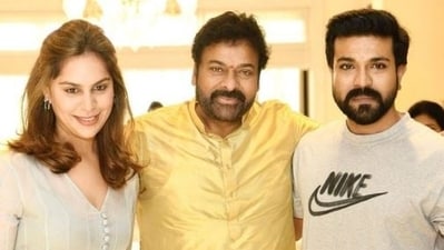 Chiranjeevi with his son Ram Charan and daughter-in-law Upasana. (File Photo) Chiranjeevi with his son Ram Charan and daughter-in-law Upasana. (File Photo)