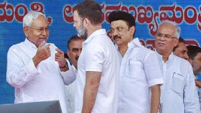 Congress leader Rahul Gandhi with Bihar chief minister Nitish Kumar and his Tamil Nadu counterpart, MK Stalin. (ANI/File)