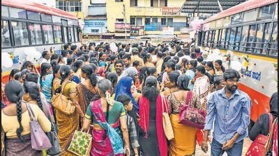 Considering a sudden increase in demands for the state-run buses, Karnataka transport corporations have deployed home guards to manage the crowds. (PTI) Considering a sudden increase in demands for the state-run buses, Karnataka transport corporations have deployed home guards to manage the crowds. (PTI)