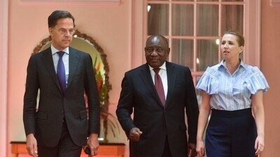 Prime Minister of the Netherlands, Mark Rutte, South African President Cyril Ramaphosa and the Prime Minister of Denmark, Mette Frederiksen arrive for the opening remarks for their official talks about green hydrogen, renewable energy and just energy transition  at the Sefako M Makgatho Presidential Guesthouse in Pretoria, South Africa, June 20. (REUTERS)