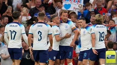 Kalvin Phillips, centre left, celebrates with Harry Kane, centre right, after scoring his side's sixth goal during the Euro 2024 group C qualifying soccer match (AP) Kalvin Phillips, centre left, celebrates with Harry Kane, centre right, after scoring his side's sixth goal during the Euro 2024 group C qualifying soccer match (AP)