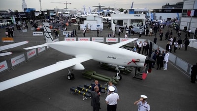 French drone Aarok is displayed at the Paris Air Show in Le Bourget, north of Paris, France, Tuesday, June 20, 2023. Paris hosts first air show in 4 years, airline executives see labour squeeze easing (AP Photo/Lewis Joly) French drone Aarok is displayed at the Paris Air Show in Le Bourget, north of Paris, France, Tuesday, June 20, 2023. Paris hosts first air show in 4 years, airline executives see labour squeeze easing (AP Photo/Lewis Joly)