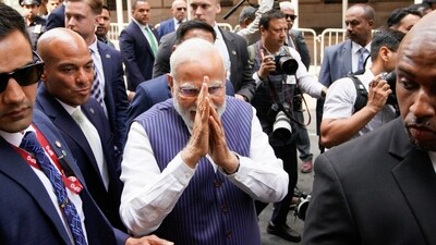 Indian Prime Minister Narendra Modi greets supporters as he arrives on Tuesday, June 20, 2023, in New York. (AP Photo/Eduardo Munoz Alvarez) (AP) Indian Prime Minister Narendra Modi greets supporters as he arrives on Tuesday, June 20, 2023, in New York. (AP Photo/Eduardo Munoz Alvarez) (AP)