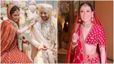 Karan Deol's wife Drisha Acharya chose minimal Punjabi bride makeup for her wedding day. (Instagram) Karan Deol's wife Drisha Acharya chose minimal Punjabi bride makeup for her wedding day. (Instagram)