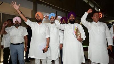Leader of Opposition Partap Singh Bajwa along with other MLA’s of Congress Walkout from the Vidhan sabha session proceeding during the Extended special session of Punjab Vidhan Sabha in Chandigarh on Tuesday. (Ravi Kumar/HT) Leader of Opposition Partap Singh Bajwa along with other MLA’s of Congress Walkout from the Vidhan sabha session proceeding during the Extended special session of Punjab Vidhan Sabha in Chandigarh on Tuesday. (Ravi Kumar/HT)