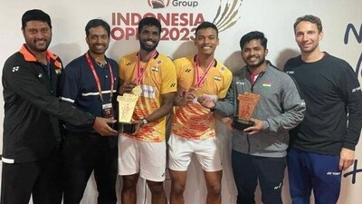 Satwiksairaj Rankireddy and Chirag Shetty (centre) with Pullela Gopichand (second from left) and Mathias Boe (extreme right) (BAI Media) Satwiksairaj Rankireddy and Chirag Shetty (centre) with Pullela Gopichand (second from left) and Mathias Boe (extreme right) (BAI Media)