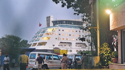 Mumbai, India - January 04, 2022: Cordelia Empress cruise ship arrives from Goa at Mumbai International Cruise Terminal after more than 2,000 passengers aboard the ship are stuck on the vessel as 66 people tested positive for COVID, in Mumbai, India, on Tuesday, January 04, 2021. (Photo by Bhushan Koyande/ HT Photo) (HT PHOTO) Mumbai, India - January 04, 2022: Cordelia Empress cruise ship arrives from Goa at Mumbai International Cruise Terminal after more than 2,000 passengers aboard the ship are stuck on the vessel as 66 people tested positive for COVID, in Mumbai, India, on Tuesday, January 04, 2021. (Photo by Bhushan Koyande/ HT Photo) (HT PHOTO)