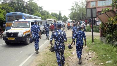 Security personnel patrol an area, during the nomination process, in West Bengal’s South 24 Parganas on June 15. (ANI) Security personnel patrol an area, during the nomination process, in West Bengal’s South 24 Parganas on June 15. (ANI)