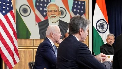 U.S. President Joe Biden, seated with U.S. Secretary of State Antony Blinken and India's Foreign Minister Subrahmanyam Jaishankar. (REUTERS)
