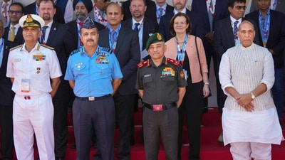 Defence Minister Rajnath Singh with Chief of Defence Staff Gen Anil Chauhan, Navy Chief Admiral R. Hari Kumar and Air Chief V R Chaudhari. Defence Minister Rajnath Singh with Chief of Defence Staff Gen Anil Chauhan, Navy Chief Admiral R. Hari Kumar and Air Chief V R Chaudhari.