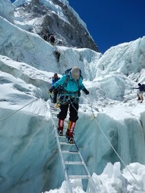 Jayanthi crossing the Khumbu Icefall, May 2016 Photo Credit Sherpa Ang Karma ( Photo Credit Sherpa Ang Karma)
