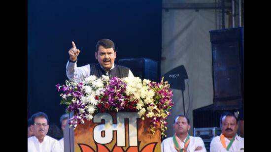Deputy Chief Minister Devendra Fadnavis at Kalyan’s Phadke Ground while addressing a public meeting to mark nine years of Modi government on Monday, June 19, 2023 (Pramod Tambe/HT PHOTO)
