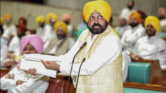 Punjab chief minister Bhagwant Mann speaks in the state assembly, on Tuesday. (ANI Photo)