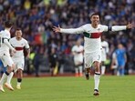 Portugal's Cristiano Ronaldo celebrates after scoring his side's first goal against Iceland