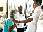Tamil Nadu chief minister MK Stalin meets electricity minister V Senthil Balaji undergoing treatment at Omandurar government hospital in Chennai on June 14.  