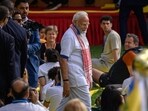 Prime Minister Narendra Modi (C) attends a yoga event at the United Nation headquarters in New York.