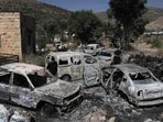 A picture shows burnt cars, reportedly set ablaze by Israeli settlers, in the area of in al-Lubban al-Sharqiya in the occupied West Bank on June 21, 2023. (AFP)
A picture shows burnt cars, reportedly set ablaze by Israeli settlers, in the area of in al-Lubban al-Sharqiya in the occupied West Bank on June 21, 2023. (AFP)
