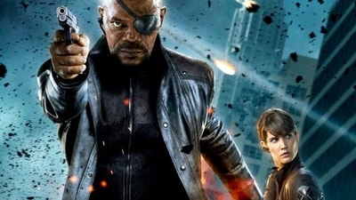Samuel L. Jackson as Nick Fury and Cobie Smulders (behind) as Maria Hill. Samuel L. Jackson as Nick Fury and Cobie Smulders (behind) as Maria Hill.