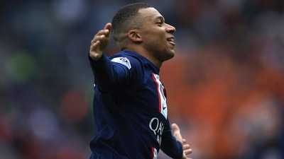 PSG's Kylian Mbappe celebrates after scoring his team's opening goal during the French League One soccer match between Paris Saint-Germain and Lorient, at the Parc des Princes stadium in Paris, Sunday, April 30, 2023.AP/PTI(AP04_30_2023_000404A) (AP) PSG's Kylian Mbappe celebrates after scoring his team's opening goal during the French League One soccer match between Paris Saint-Germain and Lorient, at the Parc des Princes stadium in Paris, Sunday, April 30, 2023.AP/PTI(AP04_30_2023_000404A) (AP)