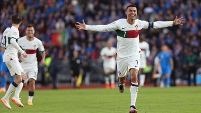 Portugal's Cristiano Ronaldo celebrates after scoring his side's first goal against Iceland (AP) Portugal's Cristiano Ronaldo celebrates after scoring his side's first goal against Iceland (AP)
