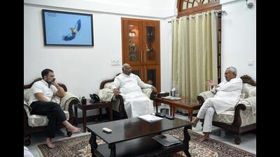 Bihar CM Nitish Kumar with Congress national president Mallikarjun Kharge and party leader Rahul Gandhi in New Delhi on May 22. (ANI) Bihar CM Nitish Kumar with Congress national president Mallikarjun Kharge and party leader Rahul Gandhi in New Delhi on May 22. (ANI)