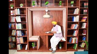 CM Bhagwant Mann at the renovated Baba Banda Singh Bahadur District Library in Sangrur on Wednesday.