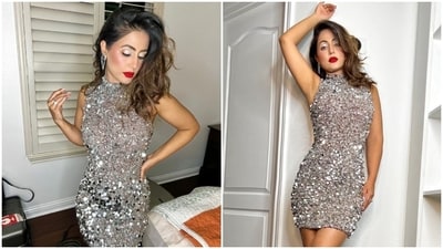 Actor Hina Khan often shares snippets from her daily life, including red-carpet appearances, off-duty looks, glamorous photoshoots and holidays, with fans on Instagram. Hina's latest post shows her dressed in a shimmering ensemble, which she styled with striking glam picks. Scroll through to check out the photos. (Instagram) Actor Hina Khan often shares snippets from her daily life, including red-carpet appearances, off-duty looks, glamorous photoshoots and holidays, with fans on Instagram. Hina's latest post shows her dressed in a shimmering ensemble, which she styled with striking glam picks. Scroll through to check out the photos. (Instagram)
