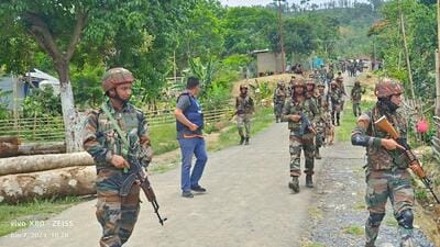 Indian army soldiers patrol during a security operation in hill and valley areas in the northeastern state of Manipur, India, June 7, 2023. (via REUTERS) Indian army soldiers patrol during a security operation in hill and valley areas in the northeastern state of Manipur, India, June 7, 2023. (via REUTERS)