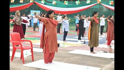 International Yoga Day celebrations at Aligarh Muslim University on Wednesday where students from madrasas also participated. (HT Photo)