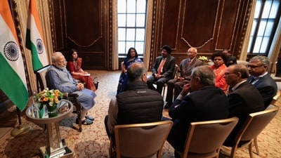 PM Modi met academics, health care experts on the first day of his US state visit. PM Modi met academics, health care experts on the first day of his US state visit.
