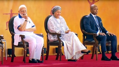 PM Modi with UN Dy Secretary-General Amina J. Mohammed and New York City Mayor Eric Adams during the 9th International Day of Yoga celebrations at the UN headquarters. (PTI) PM Modi with UN Dy Secretary-General Amina J. Mohammed and New York City Mayor Eric Adams during the 9th International Day of Yoga celebrations at the UN headquarters. (PTI)