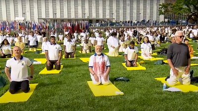 PM Modi takes part at the yoga session at UN Headquarters lawns in New York on the occasion of 9th International Yoga Day. (PTI) PM Modi takes part at the yoga session at UN Headquarters lawns in New York on the occasion of 9th International Yoga Day. (PTI)
