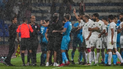 India and Pakistan players in the melee that was provoked by Igor Stimac knocking the ball out of a player's hands as he was taking a throw in (PTI) India and Pakistan players in the melee that was provoked by Igor Stimac knocking the ball out of a player's hands as he was taking a throw in (PTI)