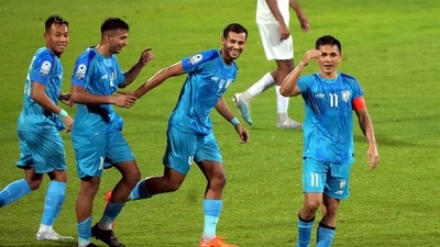 Indian captain Sunil Chhetri with teammates celebrates after scoring a goal (PTI) Indian captain Sunil Chhetri with teammates celebrates after scoring a goal (PTI)