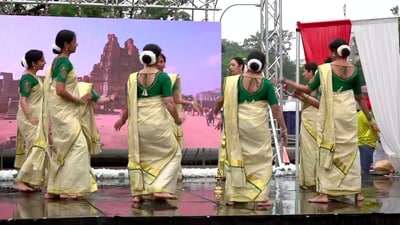 Women members of Indian diaspora perform a folk as they wait for PM Modi's arrival at Freedom Plaza in Washington DC. (PTI) Women members of Indian diaspora perform a folk as they wait for PM Modi's arrival at Freedom Plaza in Washington DC. (PTI)