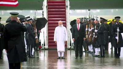 PM Modi landed at Joint Base Andrews in Washington, DC on Wednesday. National anthems of both countries were played at the airbase upon his arrival. (PTI) PM Modi landed at Joint Base Andrews in Washington, DC on Wednesday. National anthems of both countries were played at the airbase upon his arrival. (PTI)
