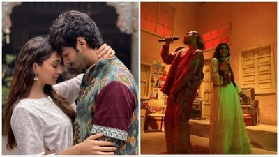 Kiara Advani and Kartik Aaryan in s still from Satyaprem Ki Katha (left) and Ali Sethi and Shae Gill in the Pasoori music video.