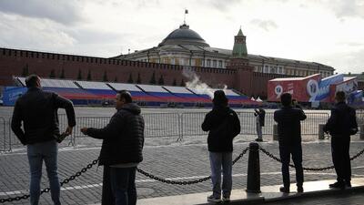 People look at the Red Square closed for Victory Parade preparation next to the Kremlin, in Moscow, Russia,on May 3. (AP) People look at the Red Square closed for Victory Parade preparation next to the Kremlin, in Moscow, Russia,on May 3. (AP)