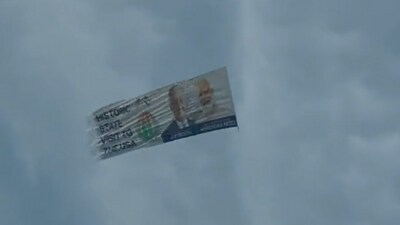 The 250-feet-long banner flying over the Hudson River, in New York. (Twitter/ @ANI) The 250-feet-long banner flying over the Hudson River, in New York. (Twitter/ @ANI)